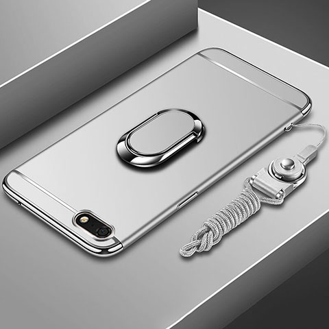 Handyhülle Hülle Luxus Metall Rahmen und Kunststoff Schutzhülle Tasche mit Fingerring Ständer und Lanyard für Huawei Y5 (2018) Silber