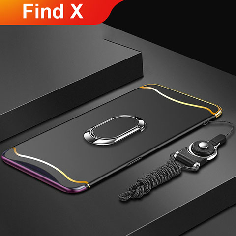 Handyhülle Hülle Luxus Metall Rahmen und Kunststoff Schutzhülle Tasche mit Fingerring Ständer und Lanyard für Oppo Find X Schwarz