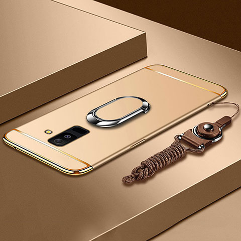 Handyhülle Hülle Luxus Metall Rahmen und Kunststoff Schutzhülle Tasche mit Fingerring Ständer und Lanyard für Samsung Galaxy A6 Plus (2018) Gold