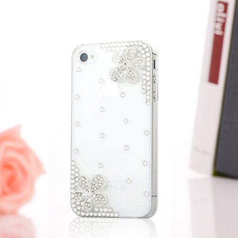 Handyhülle Hülle Luxus Strass Diamant Schutzhülle Blumen für Apple iPhone 4S Weiß