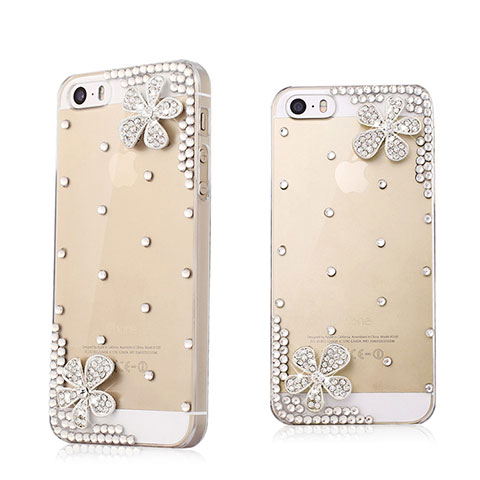 Handyhülle Hülle Luxus Strass Diamant Schutzhülle Blumen für Apple iPhone 5S Weiß
