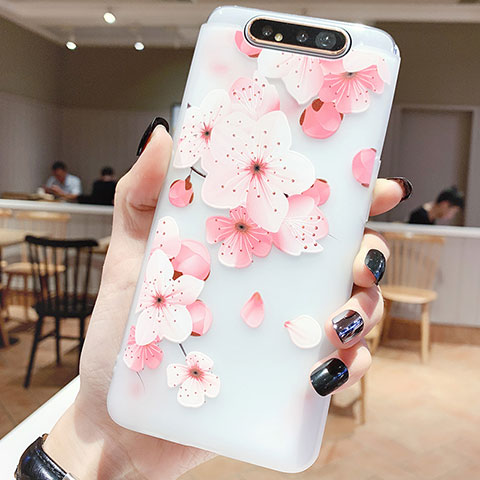 Handyhülle Silikon Hülle Gummi Schutzhülle Blumen S04 für Samsung Galaxy A80 Pink