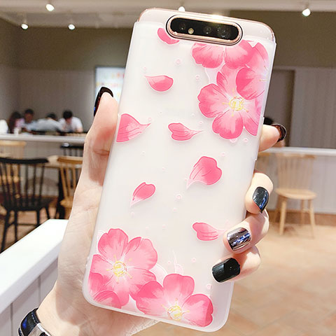 Handyhülle Silikon Hülle Gummi Schutzhülle Blumen S05 für Samsung Galaxy A80 Rosa