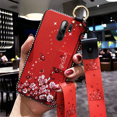 Handyhülle Silikon Hülle Gummi Schutzhülle Flexible Blumen für Xiaomi Redmi 9 Rot