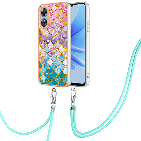 Handyhülle Silikon Hülle Gummi Schutzhülle Flexible Modisch Muster mit Schlüsselband Lanyard YB3 für Oppo A17 Bunt