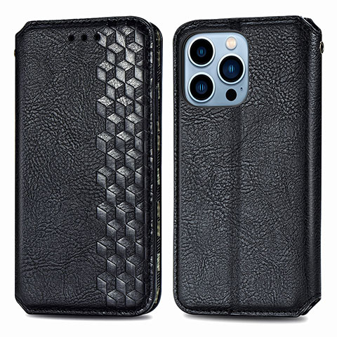 Handytasche Stand Schutzhülle Flip Leder Hülle Modisch Muster H15 für Apple iPhone 15 Pro Schwarz