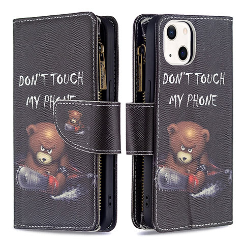 Handytasche Stand Schutzhülle Flip Leder Hülle Modisch Muster L03 für Apple iPhone 14 Schwarz