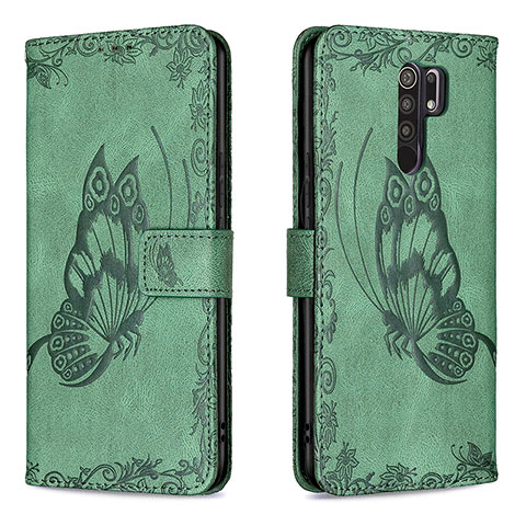 Handytasche Stand Schutzhülle Flip Leder Hülle Schmetterling B02F für Xiaomi Redmi 9 Prime India Grün
