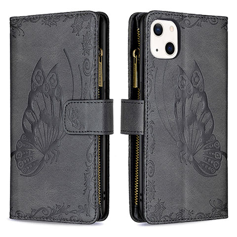 Handytasche Stand Schutzhülle Flip Leder Hülle Schmetterling L08 für Apple iPhone 14 Schwarz