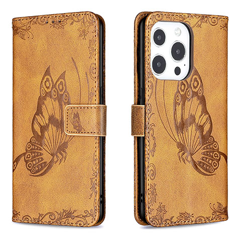 Handytasche Stand Schutzhülle Flip Leder Hülle Schmetterling Z01 für Apple iPhone 15 Pro Braun