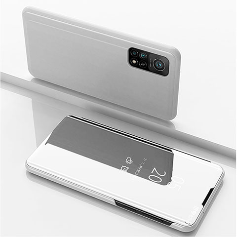 Handytasche Stand Schutzhülle Flip Leder Rahmen Spiegel Tasche für Xiaomi Mi 10T 5G Silber