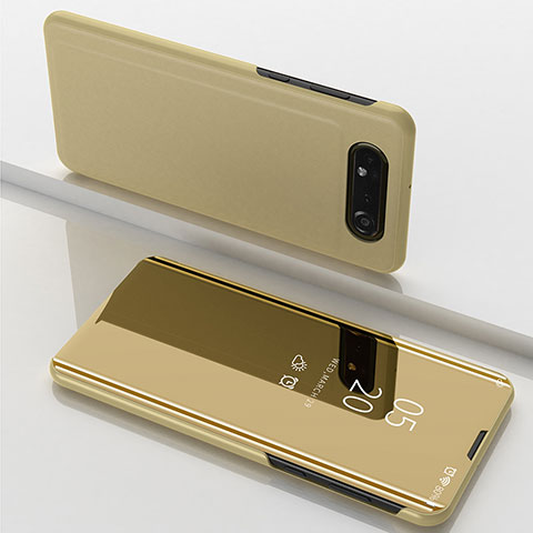 Handytasche Stand Schutzhülle Flip Leder Rahmen Spiegel Tasche ZL1 für Samsung Galaxy A80 Gold
