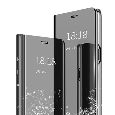 Handytasche Stand Schutzhülle Leder Rahmen Spiegel Tasche für Xiaomi Redmi Note 7 Pro Schwarz