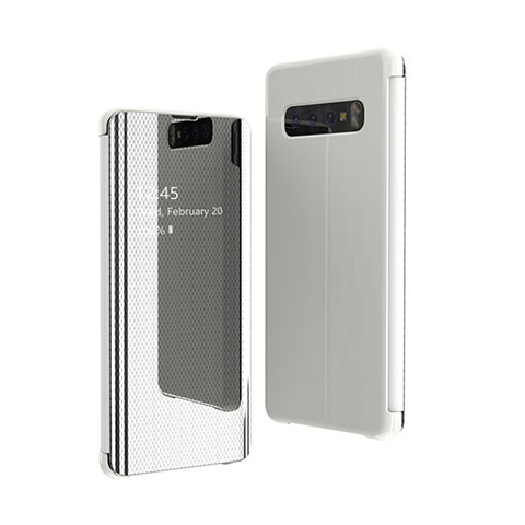Handytasche Stand Schutzhülle Leder Rahmen Spiegel Tasche L01 für Samsung Galaxy S10 5G SM-G977B Silber
