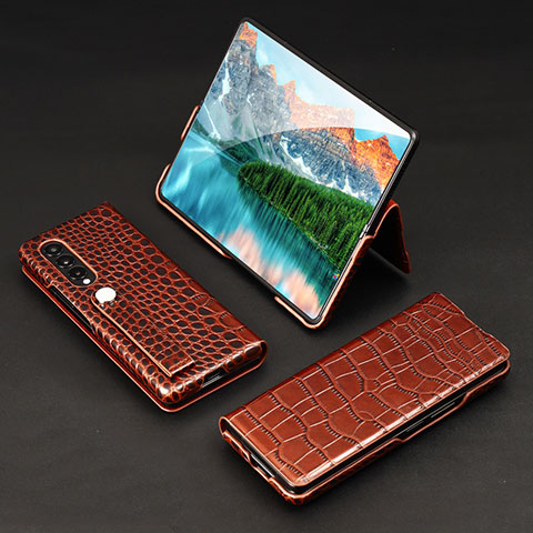 Luxus Leder Hülle Handyhülle und Kunststoff Schutzhülle Hartschalen Tasche T03 für Samsung Galaxy Z Fold3 5G Braun