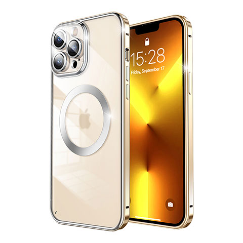Schutzhülle Luxus Metall Rahmen und Kunststoff Schutzhülle Tasche mit Mag-Safe Magnetic Magnetisch LF5 für Apple iPhone 13 Pro Max Gold
