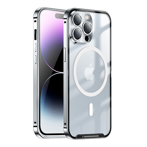 Schutzhülle Luxus Metall Rahmen und Kunststoff Schutzhülle Tasche mit Mag-Safe Magnetic Magnetisch LK1 für Apple iPhone 15 Pro Silber