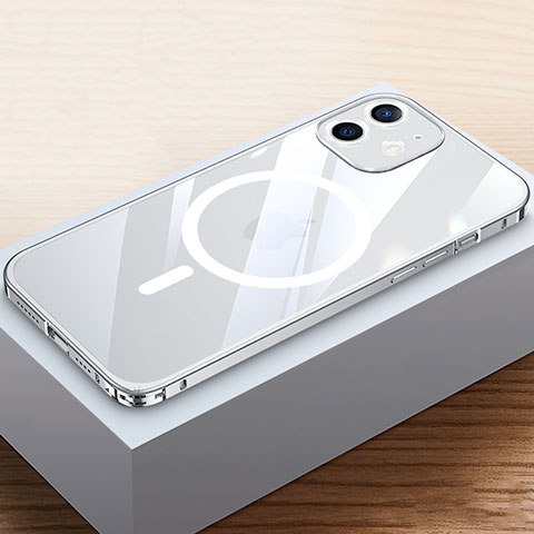 Schutzhülle Luxus Metall Rahmen und Kunststoff Schutzhülle Tasche mit Mag-Safe Magnetic Magnetisch QC4 für Apple iPhone 12 Silber