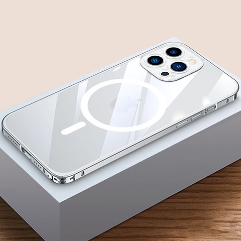 Schutzhülle Luxus Metall Rahmen und Kunststoff Schutzhülle Tasche mit Mag-Safe Magnetic Magnetisch QC4 für Apple iPhone 13 Pro Silber