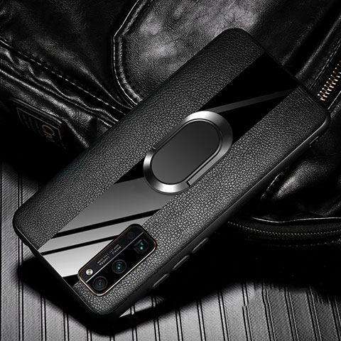 Silikon Hülle Handyhülle Gummi Schutzhülle Flexible Leder Tasche mit Magnetisch Fingerring Ständer für Huawei Honor 30 Pro Schwarz