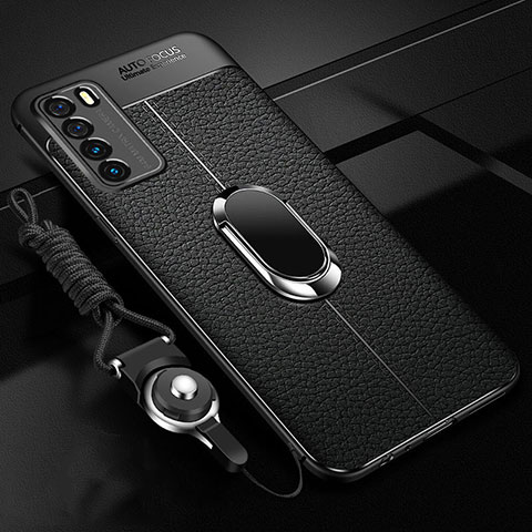 Silikon Hülle Handyhülle Gummi Schutzhülle Flexible Leder Tasche mit Magnetisch Fingerring Ständer für Huawei Honor Play4 5G Schwarz