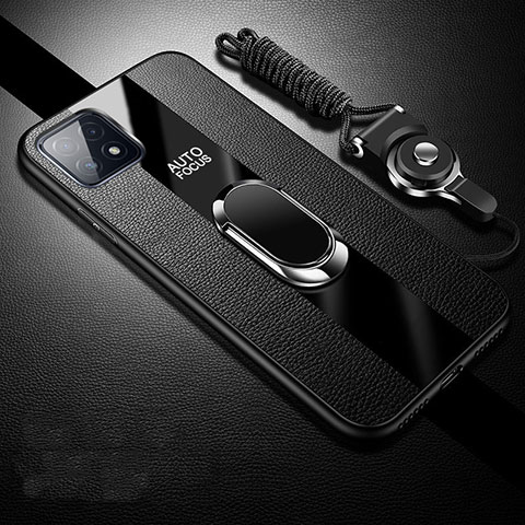 Silikon Hülle Handyhülle Gummi Schutzhülle Flexible Leder Tasche mit Magnetisch Fingerring Ständer für Oppo A73 5G Schwarz