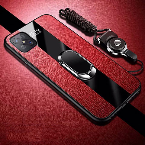Silikon Hülle Handyhülle Gummi Schutzhülle Flexible Leder Tasche mit Magnetisch Fingerring Ständer für Oppo A92s 5G Rot