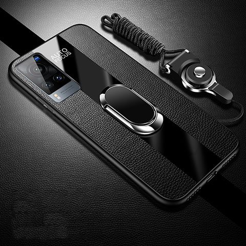 Silikon Hülle Handyhülle Gummi Schutzhülle Flexible Leder Tasche mit Magnetisch Fingerring Ständer für Vivo X60 5G Schwarz