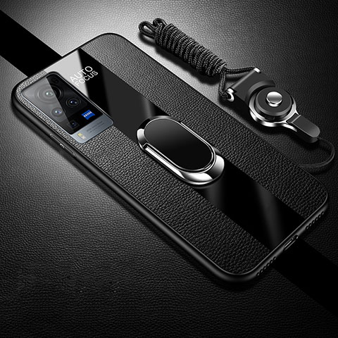 Silikon Hülle Handyhülle Gummi Schutzhülle Flexible Leder Tasche mit Magnetisch Fingerring Ständer für Vivo X60 Pro 5G Schwarz