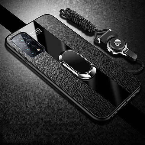 Silikon Hülle Handyhülle Gummi Schutzhülle Flexible Leder Tasche mit Magnetisch Fingerring Ständer für Xiaomi Mi 10T Pro 5G Schwarz