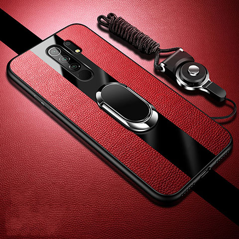 Silikon Hülle Handyhülle Gummi Schutzhülle Flexible Leder Tasche mit Magnetisch Fingerring Ständer für Xiaomi Redmi 9 Rot