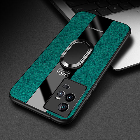 Silikon Hülle Handyhülle Gummi Schutzhülle Flexible Leder Tasche mit Magnetisch Fingerring Ständer PB2 für Vivo iQOO 11 Pro 5G Grün