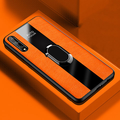Silikon Hülle Handyhülle Gummi Schutzhülle Flexible Leder Tasche mit Magnetisch Fingerring Ständer S01 für Huawei Y8p Orange