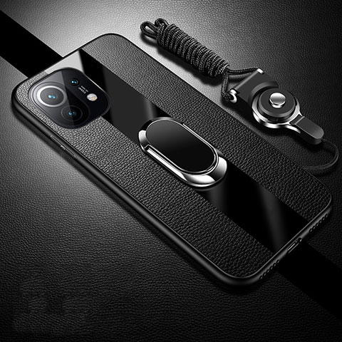 Silikon Hülle Handyhülle Gummi Schutzhülle Flexible Leder Tasche mit Magnetisch Fingerring Ständer S01 für Xiaomi Mi 11 5G Schwarz