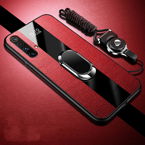 Silikon Hülle Handyhülle Gummi Schutzhülle Flexible Leder Tasche mit Magnetisch Fingerring Ständer S02 für Realme X50 5G Rot