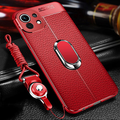Silikon Hülle Handyhülle Gummi Schutzhülle Flexible Leder Tasche mit Magnetisch Fingerring Ständer S02 für Xiaomi Mi 11 Lite 4G Rot
