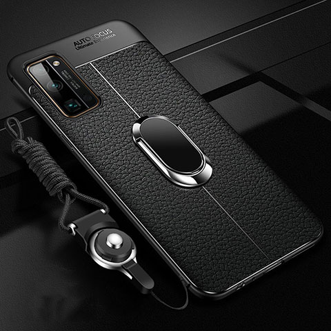 Silikon Hülle Handyhülle Gummi Schutzhülle Flexible Leder Tasche mit Magnetisch Fingerring Ständer S03 für Huawei Honor 30 Pro+ Plus Schwarz