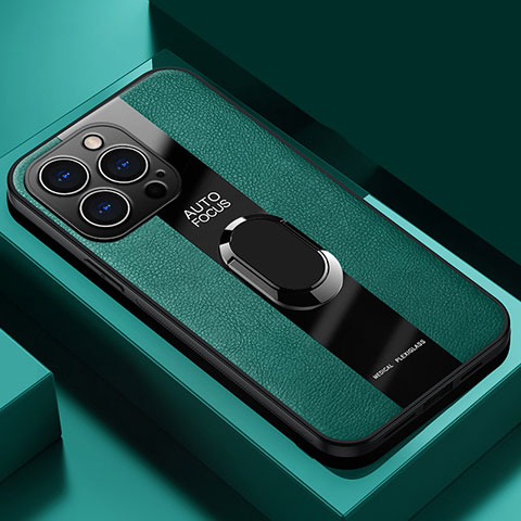 Silikon Hülle Handyhülle Gummi Schutzhülle Flexible Leder Tasche mit Magnetisch Fingerring Ständer S04 für Apple iPhone 13 Pro Max Grün