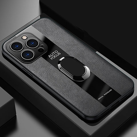 Silikon Hülle Handyhülle Gummi Schutzhülle Flexible Leder Tasche mit Magnetisch Fingerring Ständer S04 für Apple iPhone 13 Pro Max Schwarz