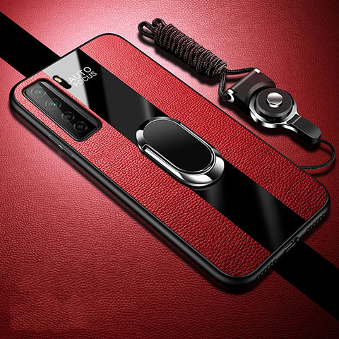 Silikon Hülle Handyhülle Gummi Schutzhülle Flexible Leder Tasche mit Magnetisch Fingerring Ständer T01 für Huawei Nova 7 SE 5G Rot