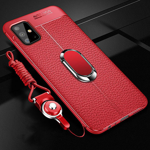 Silikon Hülle Handyhülle Gummi Schutzhülle Flexible Leder Tasche mit Magnetisch Fingerring Ständer T01 für Samsung Galaxy A51 5G Rot