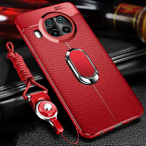 Silikon Hülle Handyhülle Gummi Schutzhülle Flexible Leder Tasche mit Magnetisch Fingerring Ständer T01 für Xiaomi Mi 10T Lite 5G Rot