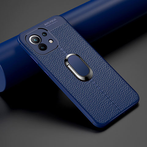 Silikon Hülle Handyhülle Gummi Schutzhülle Flexible Leder Tasche mit Magnetisch Fingerring Ständer T01 für Xiaomi Mi 11 5G Blau