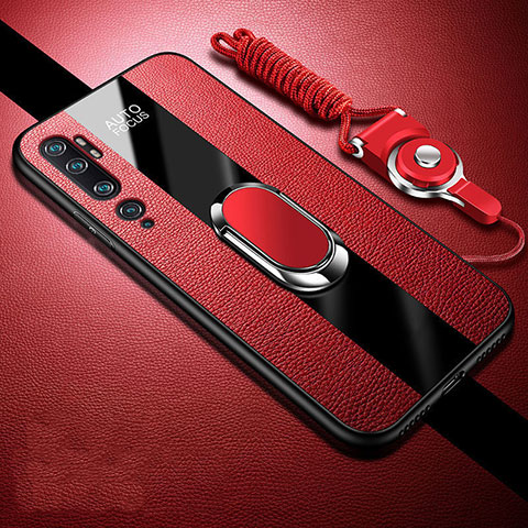 Silikon Hülle Handyhülle Gummi Schutzhülle Flexible Leder Tasche mit Magnetisch Fingerring Ständer T01 für Xiaomi Mi Note 10 Rot