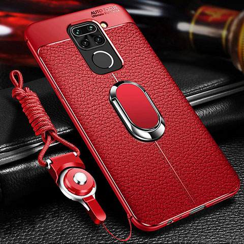 Silikon Hülle Handyhülle Gummi Schutzhülle Flexible Leder Tasche mit Magnetisch Fingerring Ständer T01 für Xiaomi Redmi Note 9 Rot