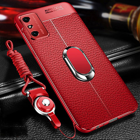 Silikon Hülle Handyhülle Gummi Schutzhülle Flexible Leder Tasche mit Magnetisch Fingerring Ständer T02 für Huawei Honor X10 Max 5G Rot