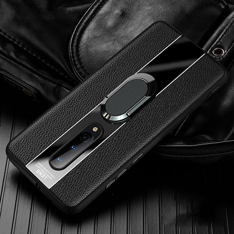 Silikon Hülle Handyhülle Gummi Schutzhülle Flexible Leder Tasche mit Magnetisch Fingerring Ständer T02 für OnePlus 8 Schwarz