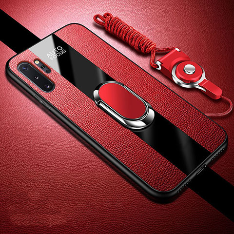 Silikon Hülle Handyhülle Gummi Schutzhülle Flexible Leder Tasche mit Magnetisch Fingerring Ständer T02 für Samsung Galaxy Note 10 Plus 5G Rot