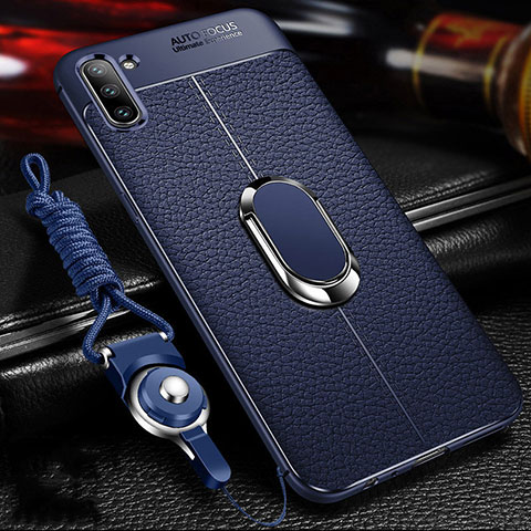 Silikon Hülle Handyhülle Gummi Schutzhülle Flexible Leder Tasche mit Magnetisch Fingerring Ständer T03 für Samsung Galaxy Note 10 Blau