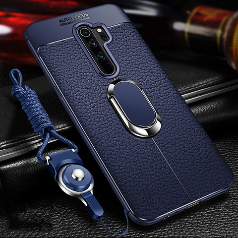 Silikon Hülle Handyhülle Gummi Schutzhülle Flexible Leder Tasche mit Magnetisch Fingerring Ständer T03 für Xiaomi Redmi Note 8 Pro Blau